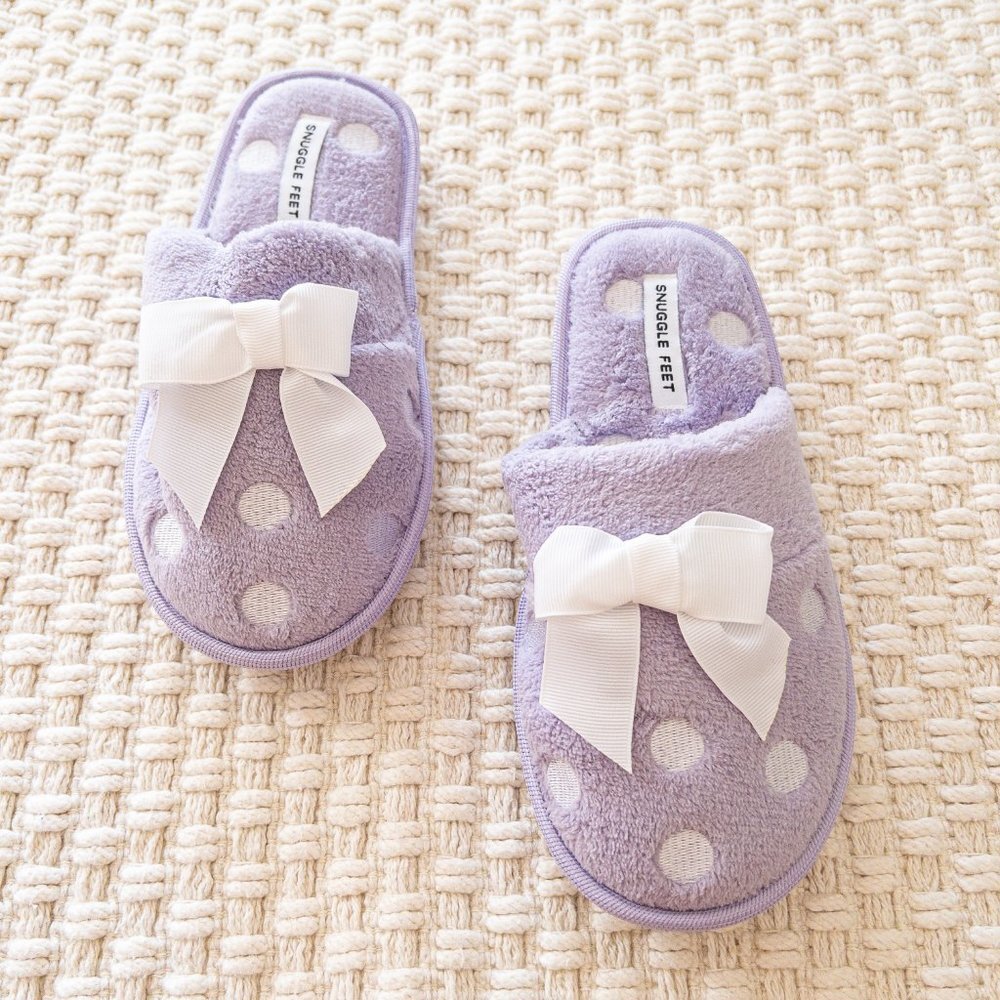 Lilac Polkadot Bow Soft Cozy Slippers